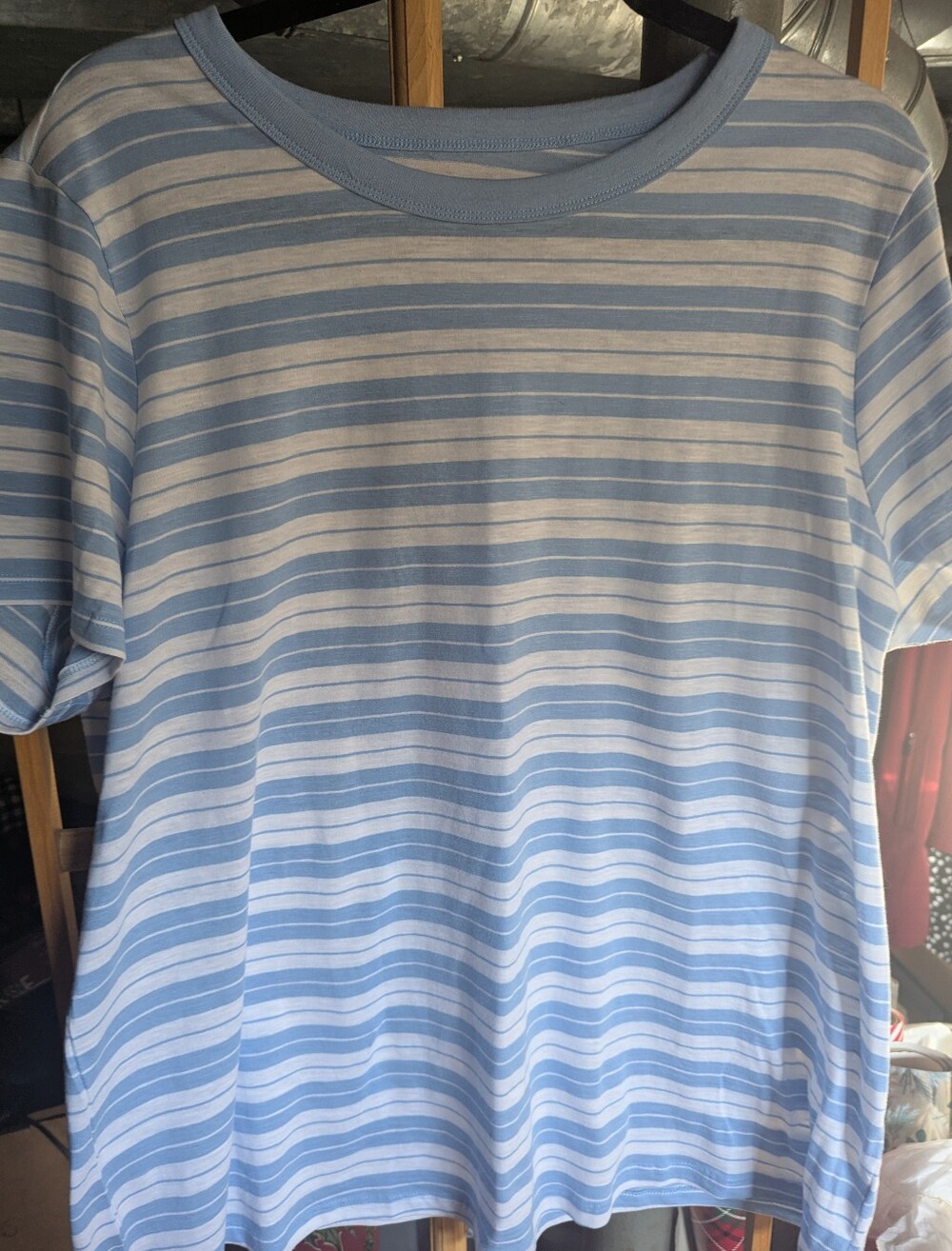 Women's Light Blue & White Striped Tee - Casual Crew Neck